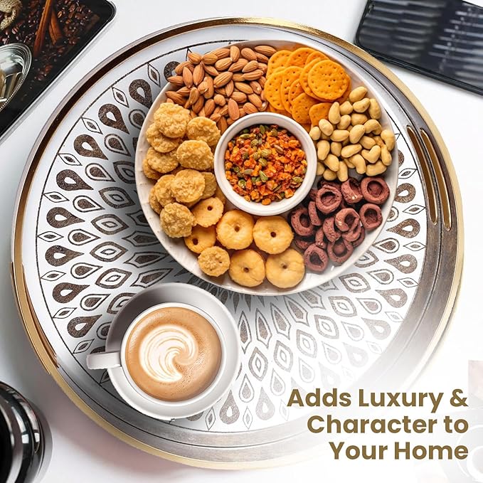 Round Serving Tray with with Handles Antique Look & Stylish Design Decorative Trays for Kitchen Round Ottoman Tray for Dinning Living Room & Home Decor Pack of 2 (White-Gold)