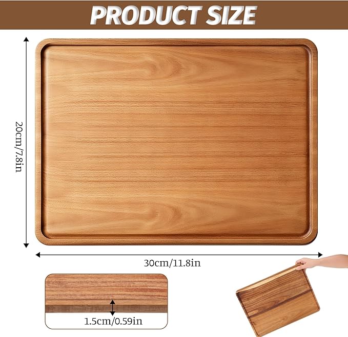 2 PCS 16 x 12 in Large Solid Acacia Rectangular Wood Serving Trays Natural Wooden Boards Serving Platters for Bar Coffee Party Dessert Tray