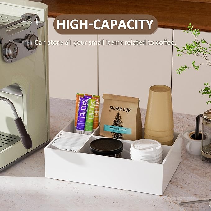 White Coffee Station Accessories Organizer, Countertop Acrylic Coffee Bar Tray for Tea Bags, Condiments, Cups, Jars