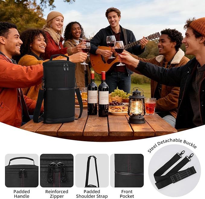 ALLCAMP 2 Bottle Wine Tote Carrier - Insulated Portable Padded Canvas Wine Bag for Travel, BYOB Restaurant, Wine Tasting, Party, Great Christmas Day Gift for Wine Lover，Black