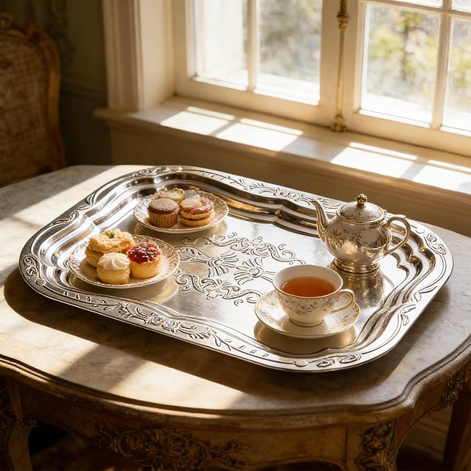 4-Pack Large Silver Serving Trays – 15.8×10.8in Stainless Steel Platter Set with Mirror Surface, Silver Plates for Food Display, Appetizers, Charcuterie, Desserts & Event Table Decor