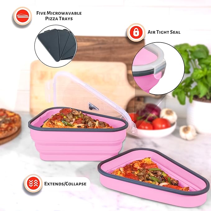 PIZZA PACK The Perfect Reusable Pizza Storage Container with 5 Microwavable Serving Trays - BPA-Free Adjustable Pizza Slice Container to Organize & Save Space, Pink 4 pk
