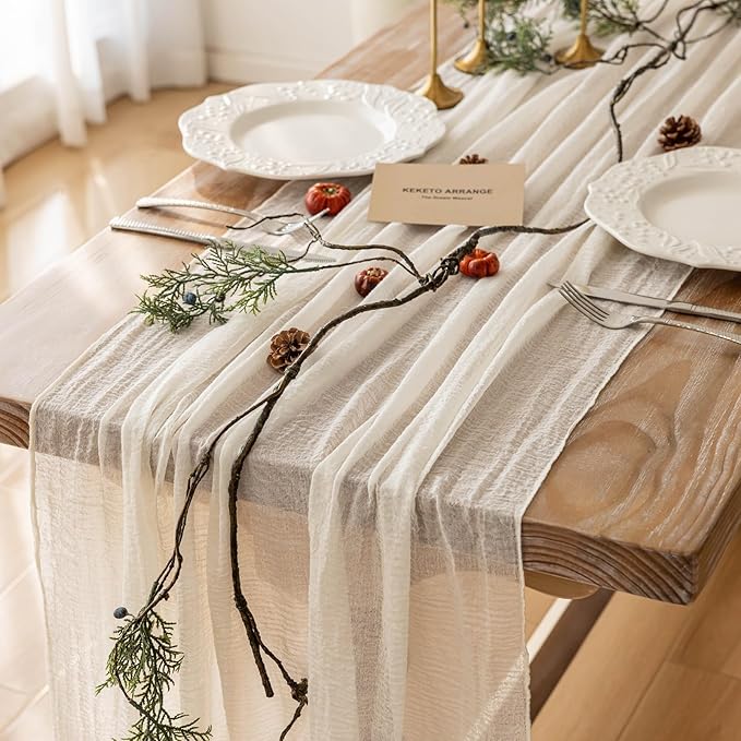Keketoarrange White Spring Easter Cheesecloth Table Runner Ivory Cream Gauze Rustic Cheese Cloth Table Runner 120 Inch 10 FT for Wedding Baby Bridal Shower Party Sheer Boho Spring Home Decorations