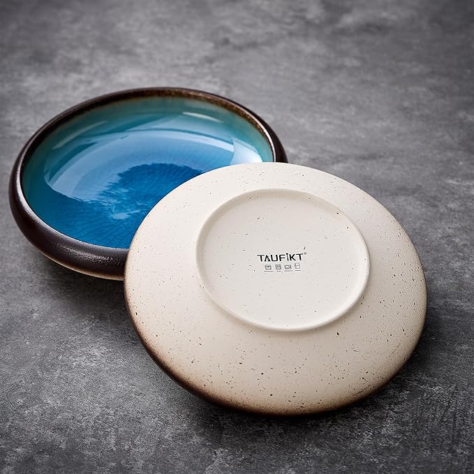 Ceramic Pasta Bowls Set of 4, 8 Inch Large Porcelain Pasta and Salad Bowls, Stoneware Dinner Plate Set for 4, Handmade Round Dishes for Home Decor, Microwave,Oven,and Dishwasher Safe, Blue