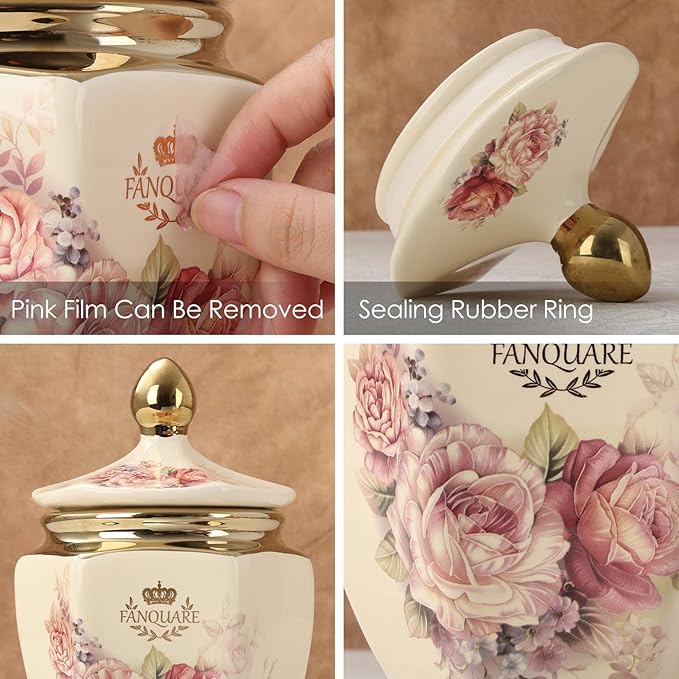 fanquare Vintage Royal Style Decorative Canisters with Gold Trim, Floral Porcelain Sugar Bowl Set of 3 with Airtight Lid for Countertop Party