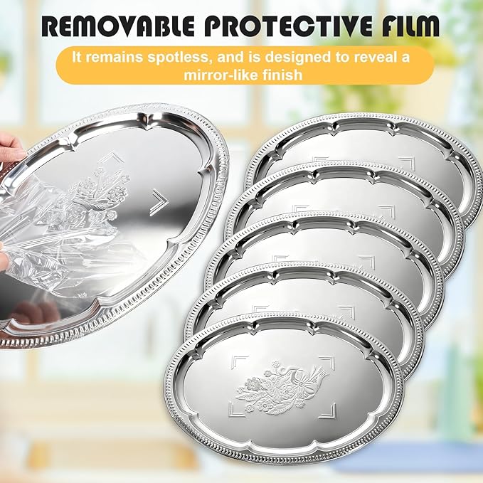 6 Pack Large Silver Serving Trays Set 15.7" x 11.8" Stainless Steel Floral Oval Tray Retro Vintage Platters for Birthday Wedding Party Tableware for Snack Whiskey Cookie Dessert Food Display