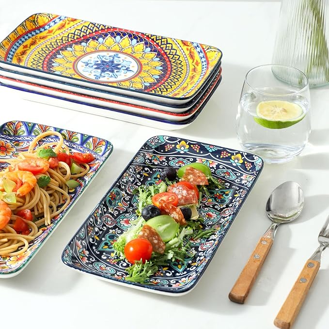 glowworm 10.5 Inch Rectangular Dinner Plates, Ceramic Salad Plates Set of 6, Porcelain Serving Platters for Dessert, Appetizer, Microwave & Oven Safe, Bohemian