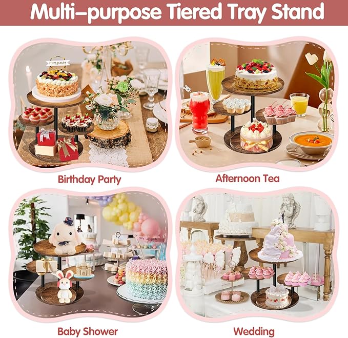 4 Tier Cupcake Tower Stands for 50 Cupcakes,360° Rotatable Round Cup Cake Stand with Tiered Tray,Farmhouse Wooden Dessert Table Display Stands for Wedding Birthday Baby Shower Tea Party