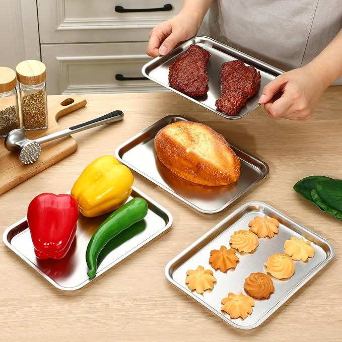 6 Pcs 8.6 x 6.4 Inch Baking Sheets Stainless Steel Baking Pan Tray Cookie Sheet Rectangle Mirror Finish and Rust Free Easy Clean and Dishwasher Safe Bakeware Oven Tray for Roasting (Silver)