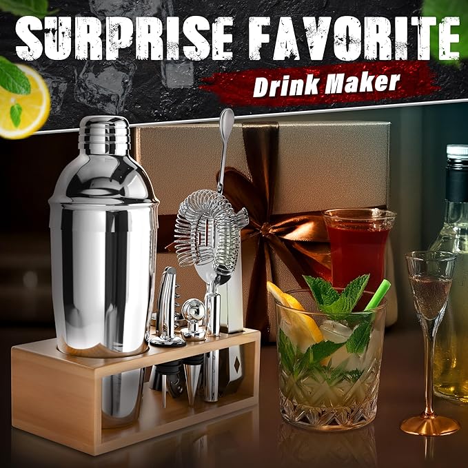 Mixology Bartender Kit with Stand – Stainless Steel Mixed Drink Shaker Set with 10 Accessories, Easy to Clean Bar Tool Set | Wooden Organizer for Home Bar Setup, Great Gift for Cocktail Enthusiasts