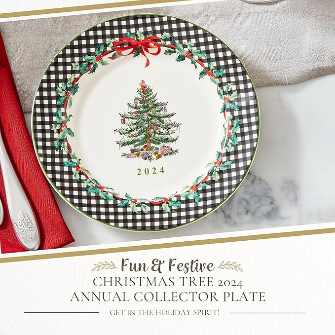 Spode Christmas Tree Collector Plate - Exclusive Border with Red Ribbon & Black Check, Seasonal Display or Holiday Tableware Use, 8" Porcelain Plate - Microwave & Dishwasher Safe, Great Holiday Gift
