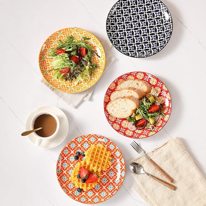 Salad Plates, Dessert Plates 8 Inch, Colorful Ceramic Plate Set for Pasta, Pancakes, Steak, Set of 6, Dishwasher & Microwave Safe