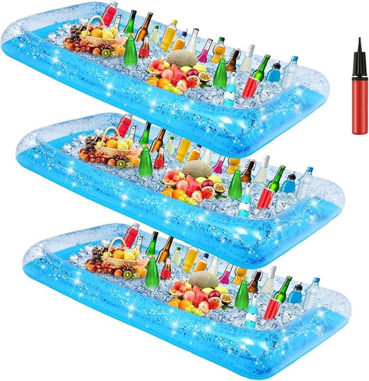 3 Pcs Inflatable Serving Bar Salad Ice Tray Food Drink Candy Buffet Containers Picnic Pool Inflatable Cooler with a Drain Plug and a Hand Pump, 53 x 23.6 x 4.7 Inch(Blue)