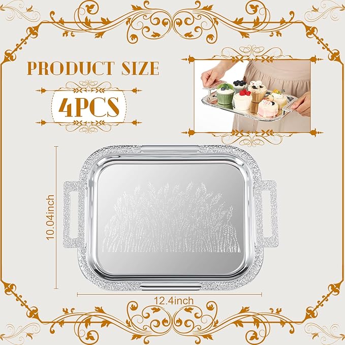 4 Pcs Silver Serving Tray with Handles Elegant Victoria Floral Engraved Metal Platters Large Decorative Trays for Buffet,Wedding Party, Jewelry Display, Service (Modern,Sliver)