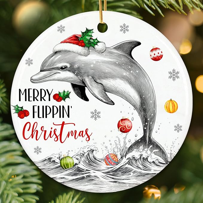 ZAGKOO Dolphin Ornaments for Christmas Tree - Dolphin Themed Gifts for Men, Women - Animal Gift Ideas for Dolphins Lovers, Beach Lovers - Ceramic Xmas Ornaments Tree Decorations