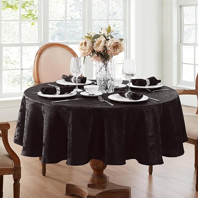 Elrene Home Fashions Caiden Elegance Damask Waterproof, Stain & Wrinkle Resistant Fabric Tablecloth, 70" Round, Black
