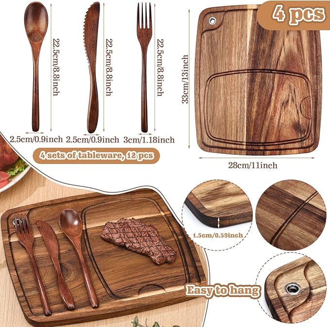 Hushee 16 Pcs Acacia Wooden Steak Plates Board Serving Tableware Set Include Wooden Plates with Juice Channel, Knives, Forks and Spoons for Christmas Kitchen Gift for Steak Lovers