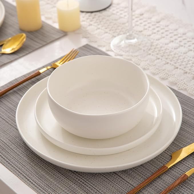 AmorArc Ceramic Dinnerware Sets, Wavy Rim Stoneware Plates and Bowls Sets, Highly Chip and Crack Resistant | Dishwasher & Microwave & Oven Safe Dishes set, Service for 6 (18pc)-Matte Speckled White