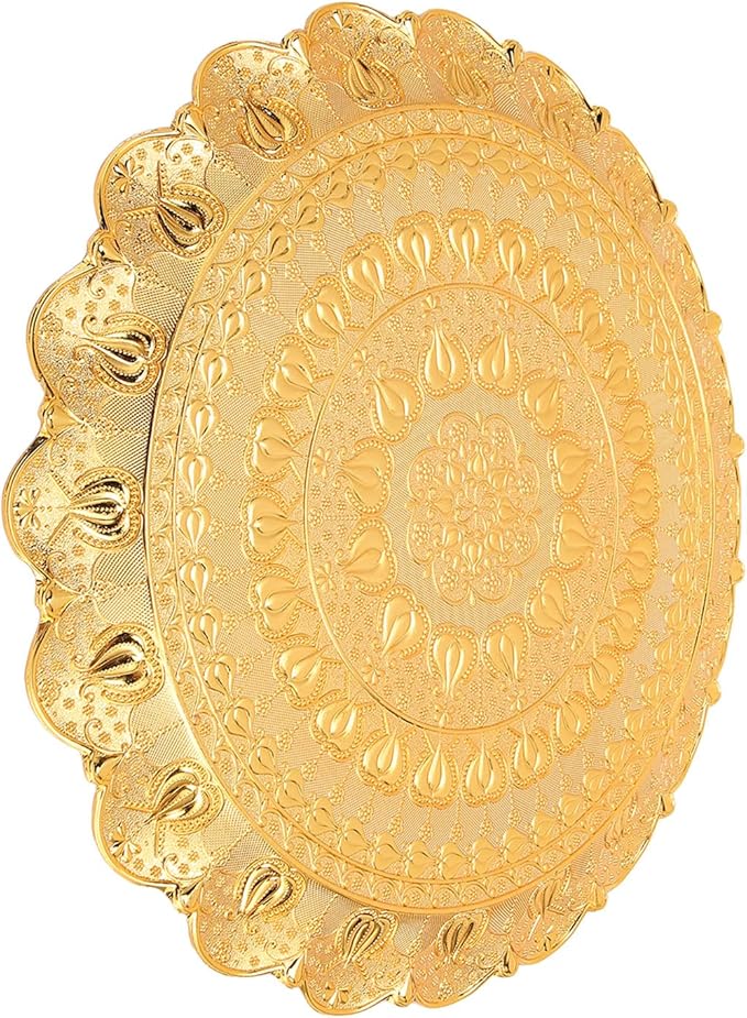Gold Silver Tray,Gold Turkish Round Coffee Tea Serving Tray Vintage Embossed Pattern Round Coffee Plate for Bar Outdoor Dresser Dessert (Gold)