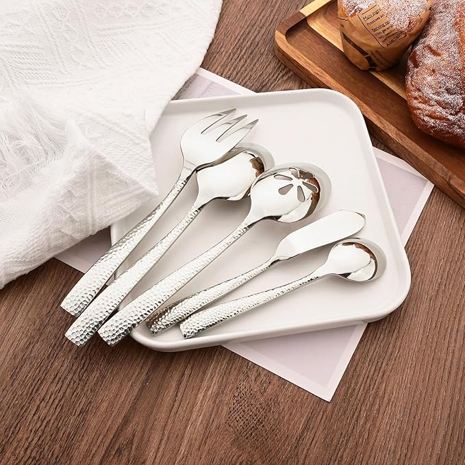 Serving Utensils Set, 5-Piece 18/8 Stainless Steel Hostess Serving Set, Elegant Hammered Serving Utensils for Home Restaurant and Buffet Catering, Heavy and Mirror Polished, Silver