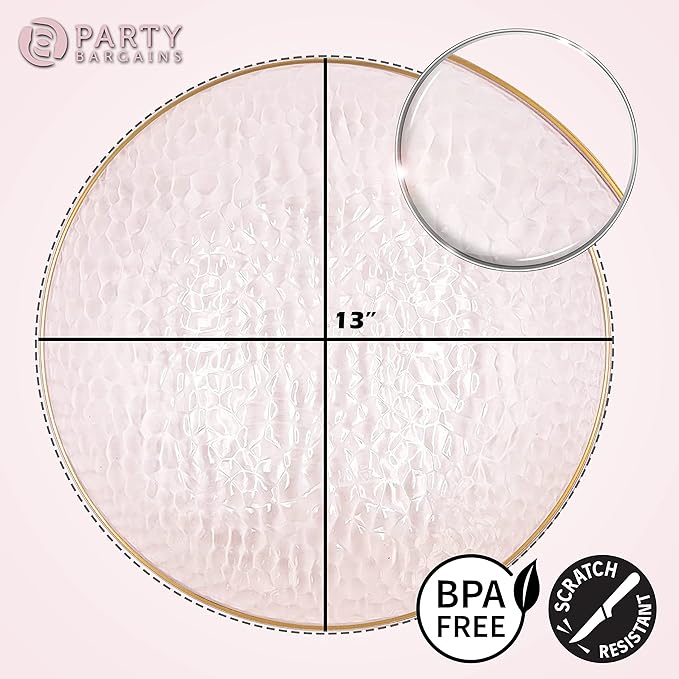 PARTY BARGAINS 13-Inch Charger Plates - 96 Pack, Hammered Pink Gold Rim, Heavy-Duty Disposable Chargers for Elegant Dining - Ideal for Weddings and Formal Events