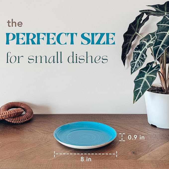 MORA Ceramic Helix Swirl Salad Plates Set of 6, 8in Spiral Porcelain Dish for Kitchen, Small Dinner, Lunch, Appetizer, Dessert, etc - Dishwasher, Microwave, Freezer, Oven Safe Dishware - Ocean Colors