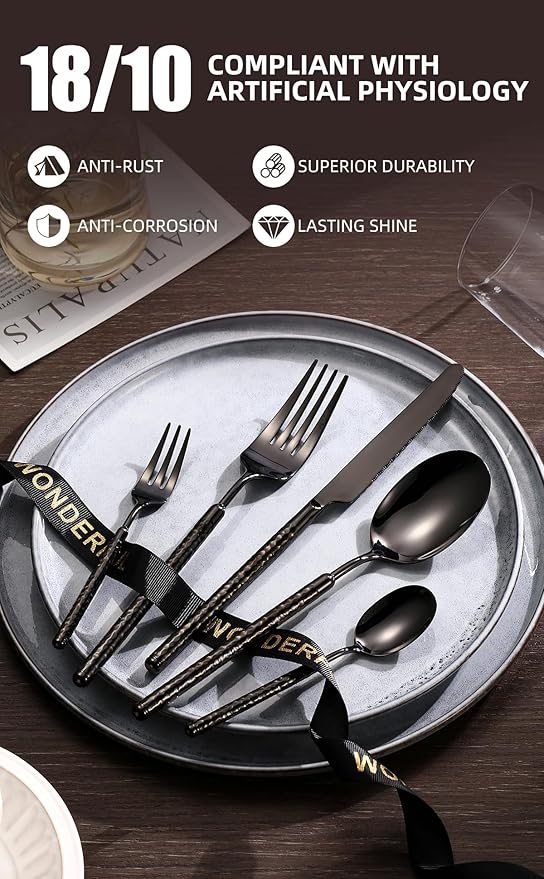 20-Piece Silverware Set, Stainless Steel Flatware Set for 4, Modern Hammered Utensil Tableware Set Include Dinner Knife/Fork/Spoon, Mirror Finish, Dishwasher Safe (10, black)