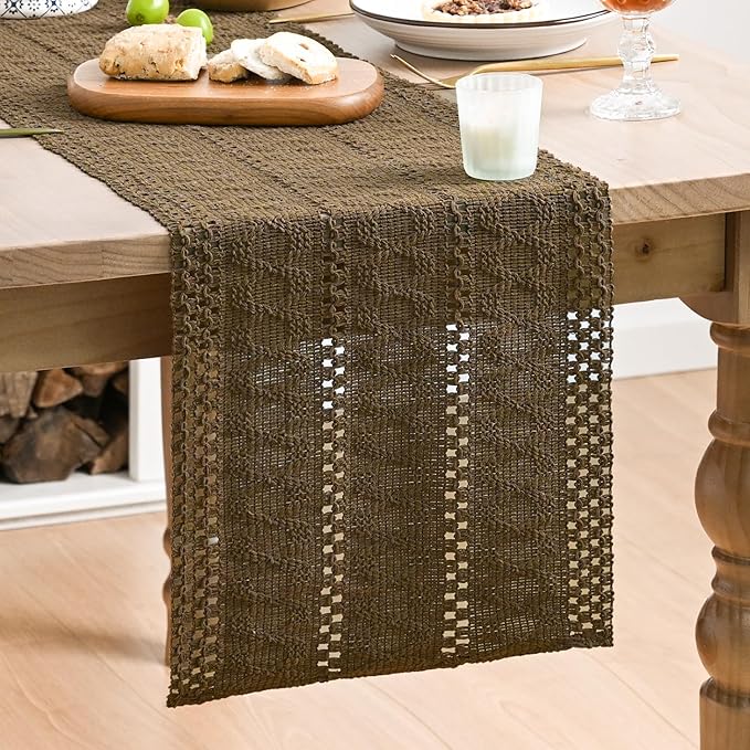 Artoid Mode Light Coffee Farmhouse Woven Rustic Hollow Table Runner, Seasonal Holiday Hollow Kitchen Dining Table Decoration for Home Party Decor 12x36 Inch