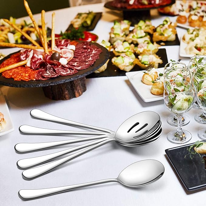 LIANYU 6-Piece Large Serving Spoons and Forks Set, 9.8 Inch Stainless Steel Buffet Catering Party Banquet Serving Spoon Fork, Mirror Finished, Dishwasher Safe