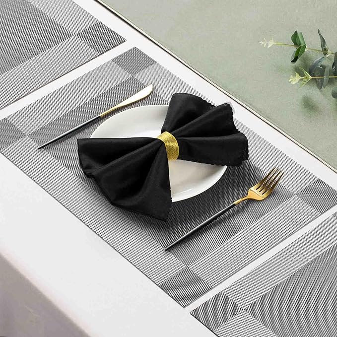 AHHFSMEI Placemats for Dining Table Set of 4 Woven Vinyl Plastic Place Mats Non-Slip Heat Insulation Stain Resistant Table Mats Washable Easy Clean Placemats (Silver Corner 4)
