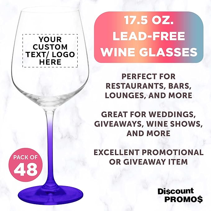 Custom Crystal Wine Glasses 17.5 oz Set of 48, Personalized Bulk Pack - Restaurant Glassware, Perfect for Red Wine or White Wine - Purple