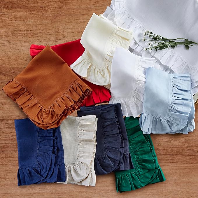 Solino Home Linen Ruffle Cloth Napkins Set of 4-100% Pure Linen Light Natural Dinner Napkins 20 x 20 Inch - Gabrielle Ruffle, Handcrafted and Machine Washable