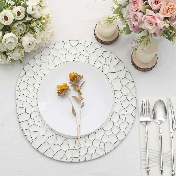 Efavormart 6 Pack | 13" Matte White Plastic Hammered Rim Dinner Charger Plates, Decorative Disposable Irregular Round Serving Plates