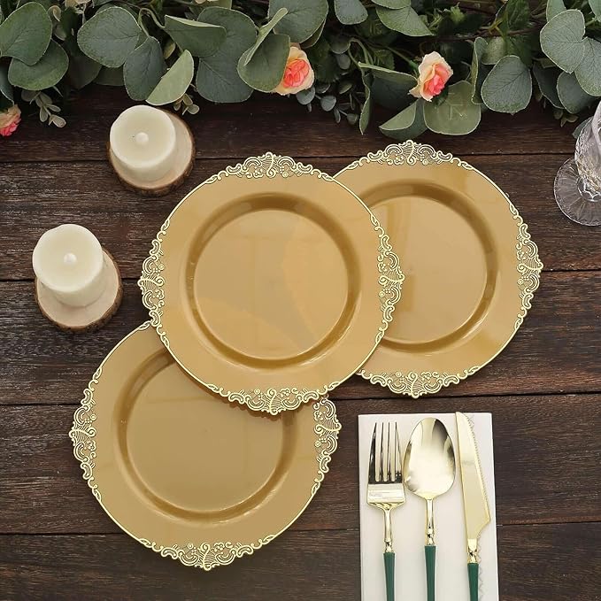8" Salad Plates -Set of 20 - Plastic Gold Round Baroque Disposable Chargers Leaf Embossed Rim, Ideal for Dinner Party Wedding Bulk Events
