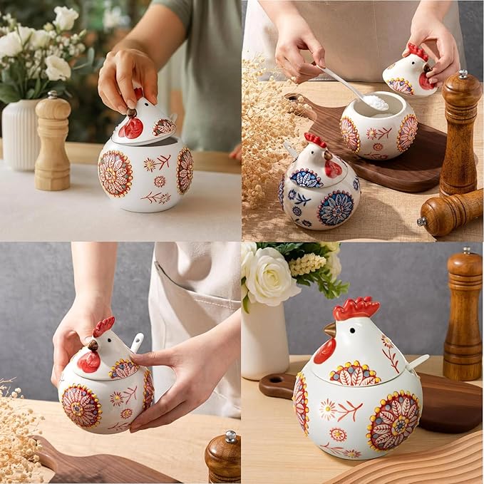 Ceramic Salt Cellar with Lid and Spoon | 13.5OZ Large Chicken Salt Container | Salt Cellar for Countertop | Salt Holder Jar for Counter Cookie Sugar Spices Candies Home Chicken Decor Rooster (Blue)