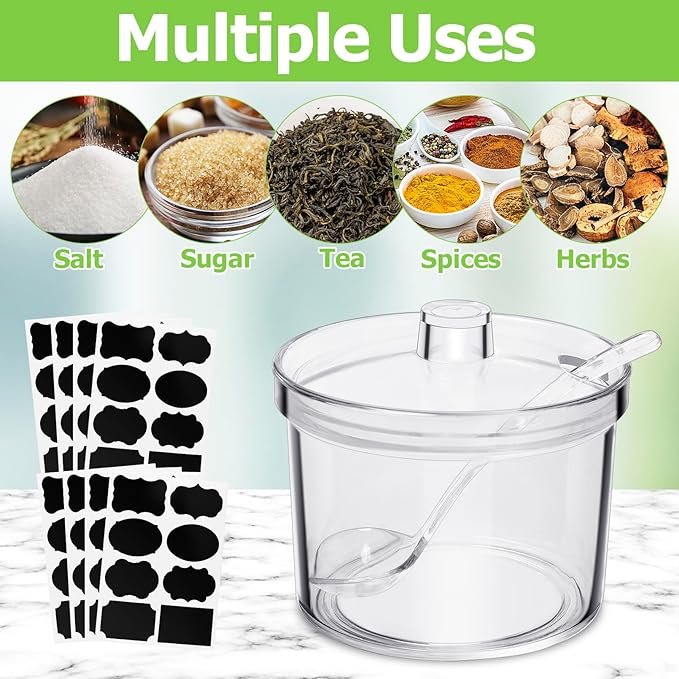 12 Pack Clear Sugar Bowls, 7.1 oz Acrylic Sugar Containers with Lids and Spoons with Tag, Dispenser Salt Bowl for Countertop, Toppings Containers for Serving Condimen Salt Tea Coffee Spices