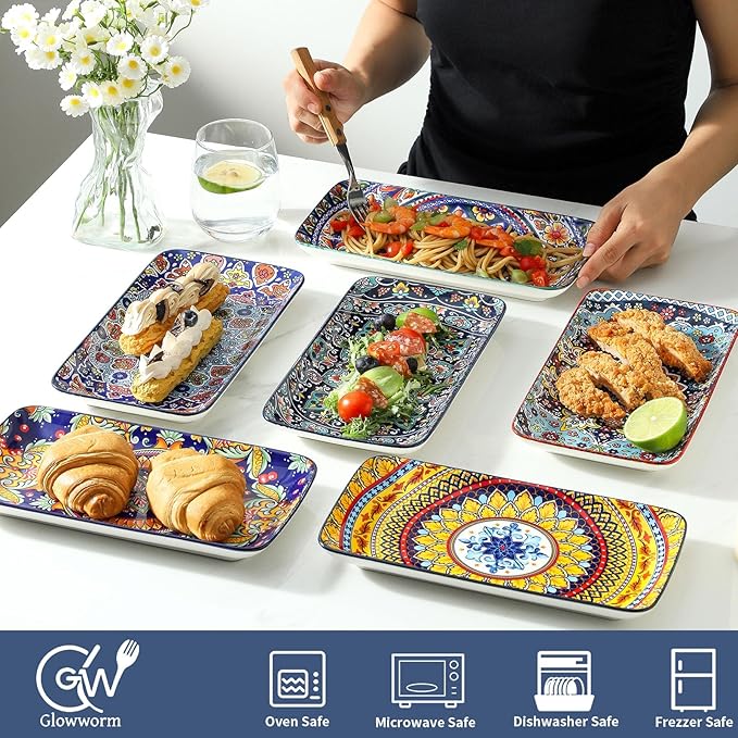 glowworm 10.5 Inch Rectangular Dinner Plates, Ceramic Salad Plates Set of 6, Porcelain Serving Platters for Dessert, Appetizer, Microwave & Oven Safe, Bohemian