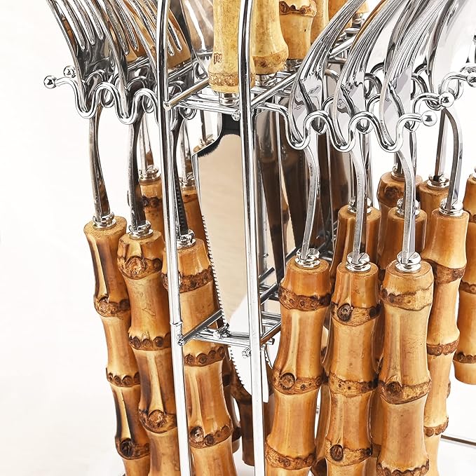 25-PIECE Stianless Steel Tableware Set, Natural Bamboo Silverware Set With Rack, Nice Weight Cutlery Stand Hanging Storage,Service For 6, Mirror Silver