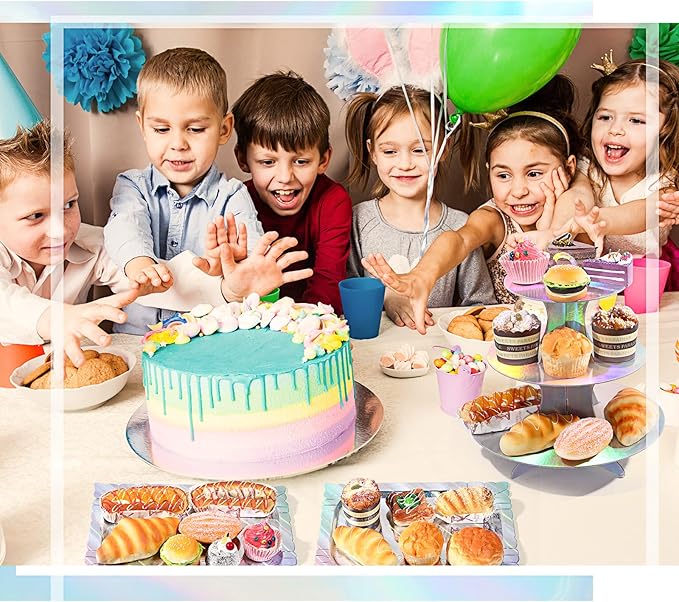 Zopeal 7 Pcs Dessert Table Display Set 3-Tier Cupcake Stand 1-Tier Cup Cake Display Tower Platters and Serving Trays Cardboard Cake Cookie Holders for Wedding Birthday Party Baby Shower(Laser Silver)