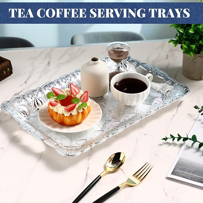 LemonRoad 6 Packs Plastic Silver Serving Trays with Handles 17 x 11 Inch Retro Vintage Embossing Rectangle Reusable Party Snack Decorative Serving Trays for Tea Coffee Fruit Dessert