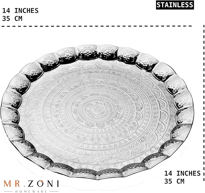 Serving Tray, Coffee Tea Serving Metal Wavy Round Tray 14''(Inches) | Mr Zoni (Silver)