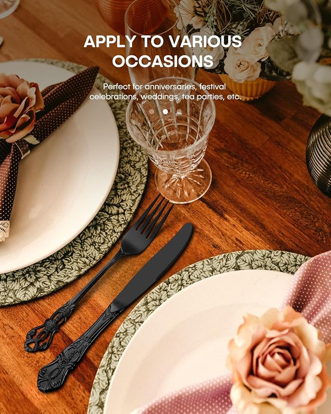 Stapava 20 Pcs Black Silverware Set, Gorgeous Retro Royal Silverware Set for 4, Stainless Steel Mirror Flatware Cutlery Set, Include Forks Spoons and Knives Set, Dishwasher Safe Utensils