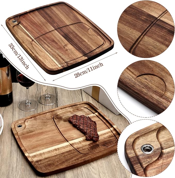 Uiifan 6 Pcs Steak Plates with Juice Channel Wooden Steak Board Set Acacia Cutting Serving Board for Christmas Home Serving Eating Meat Dishes Snack Dessert, 13 x 11 x 0.6 Inch