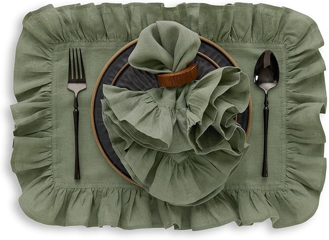 Solino Home Linen Placemats Set of 4-100% Pure Linen Oil Green Placemats 14 x 19 Inch - Gabrielle Ruffle, Handcrafted and Machine Washable - Christmas, New Year