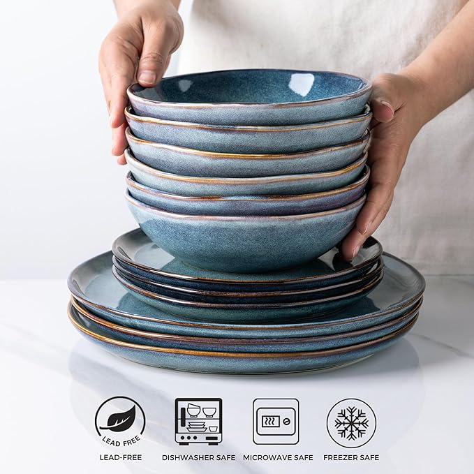 AmorArc Ceramic Cereal Bowls Set of 6, 24 oz Handmade Stoneware Bowls for Cereal Soup Salad Bread, Stylish Kitchen Bowls for Meal, Dishwasher & Microwave Safe-Ceylon Blue