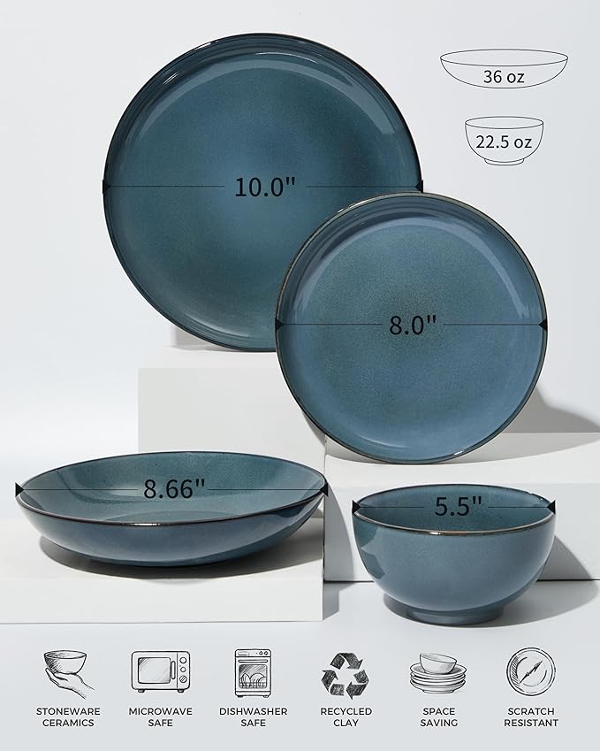 32 Piece Double Bowl Dinnerware Sets with Pasta Bowls, Highly Chip and Crack Resistant Plates and Bowls Sets, Natural Earthyware Ceramic Dishware Sets, Service for 8 Jeans Blue