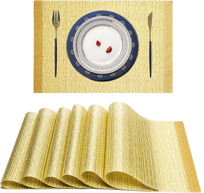 Placemats,PlasticVinyl Washable Heat-Resistant Durable PVC Non-Slip Woven for Kitchen Dining Table Mats (Set of 6, Gold)