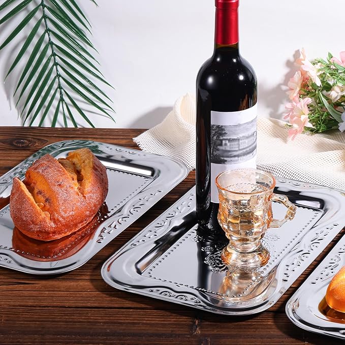 4pcs Silver Serving Trays Set, 13.8"x8.7"/35x22cm Stainless Steel Mirror Polished Decorative Trays Metal Party Platters Elegant Food Display Plate for Charcuterie Desserts Snacks Canapés Fruit