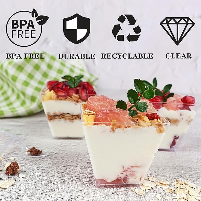 50 Pack 3.5 oz Plastic Dessert Cups with Spoons, Mini Square Parfait Appetizer Cups, Reusable Small Shooter Cup, Clear Serving Bowls for Tasting Party Samples Dessert Shot Glasses