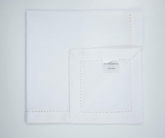 PurpleEssences Set of 12 Hemstitch Cloth Dinner Napkins 100% Cotton - Soft Durable Washable - Ideal for Wedding Fall Thanksgiving - Perfect Everyday Use Table Linen 18x18 - White